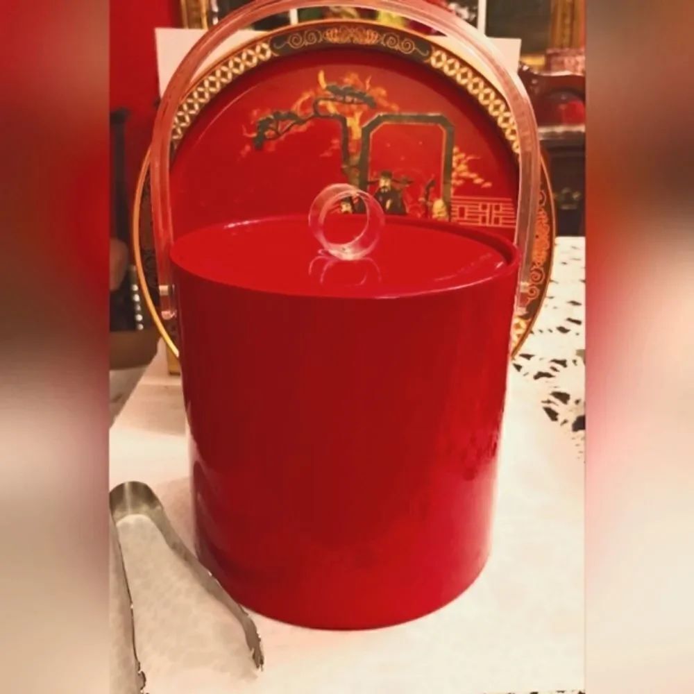 Vintage Mint Set of Red Vinyl Ice Bucket,Tongs,Lucite & T'ang Dynasty Round Tray